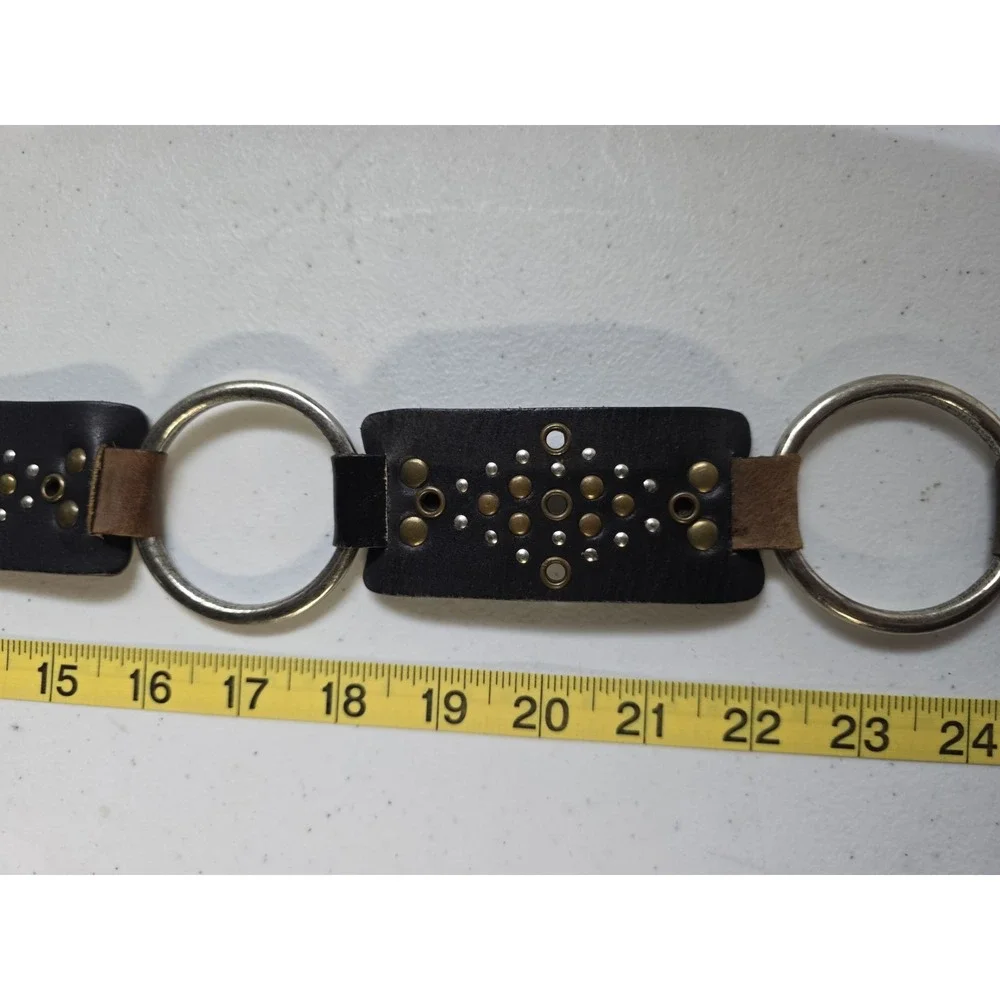 Womens Brown Leather Link Belt Studded O Ring Chain Hardware Western Boho Chic